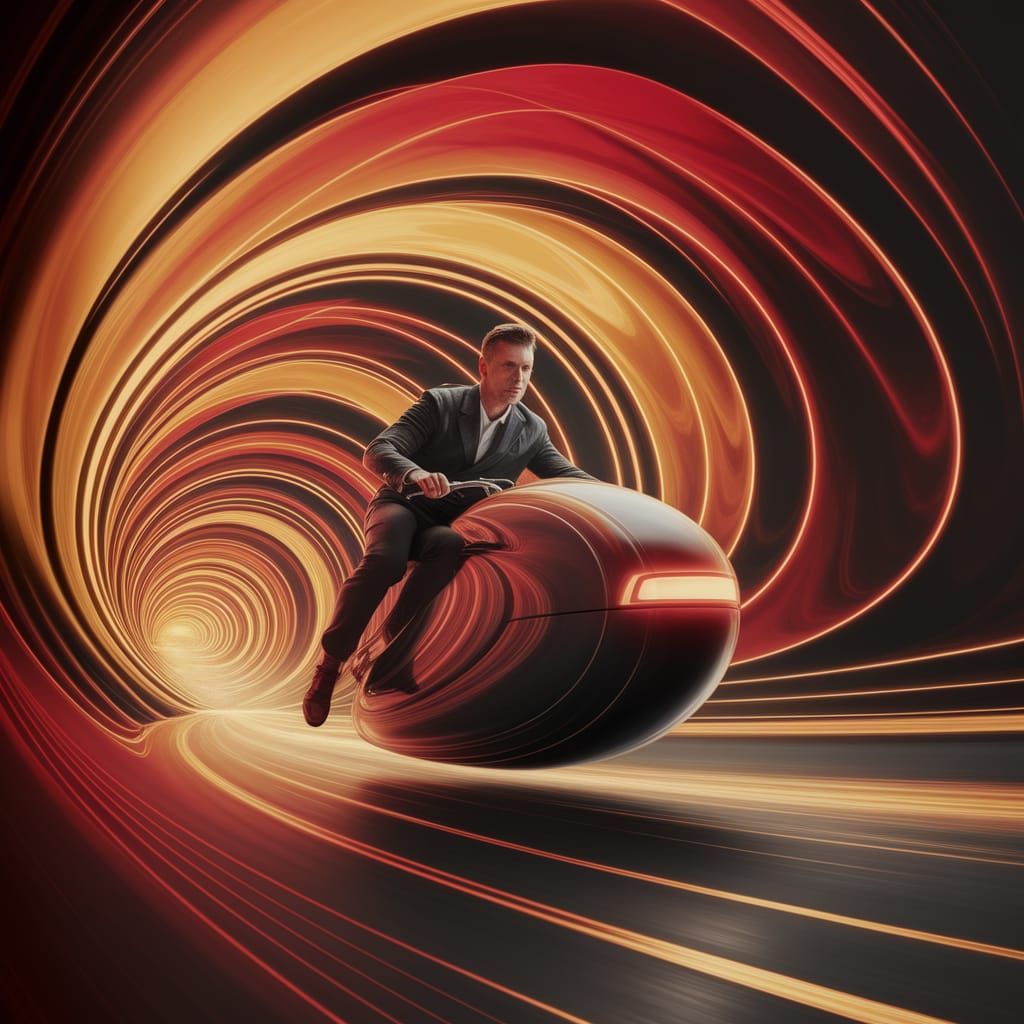 Futuristic Man on Hover-Cycle Speeds Through Psychedelic Tun...