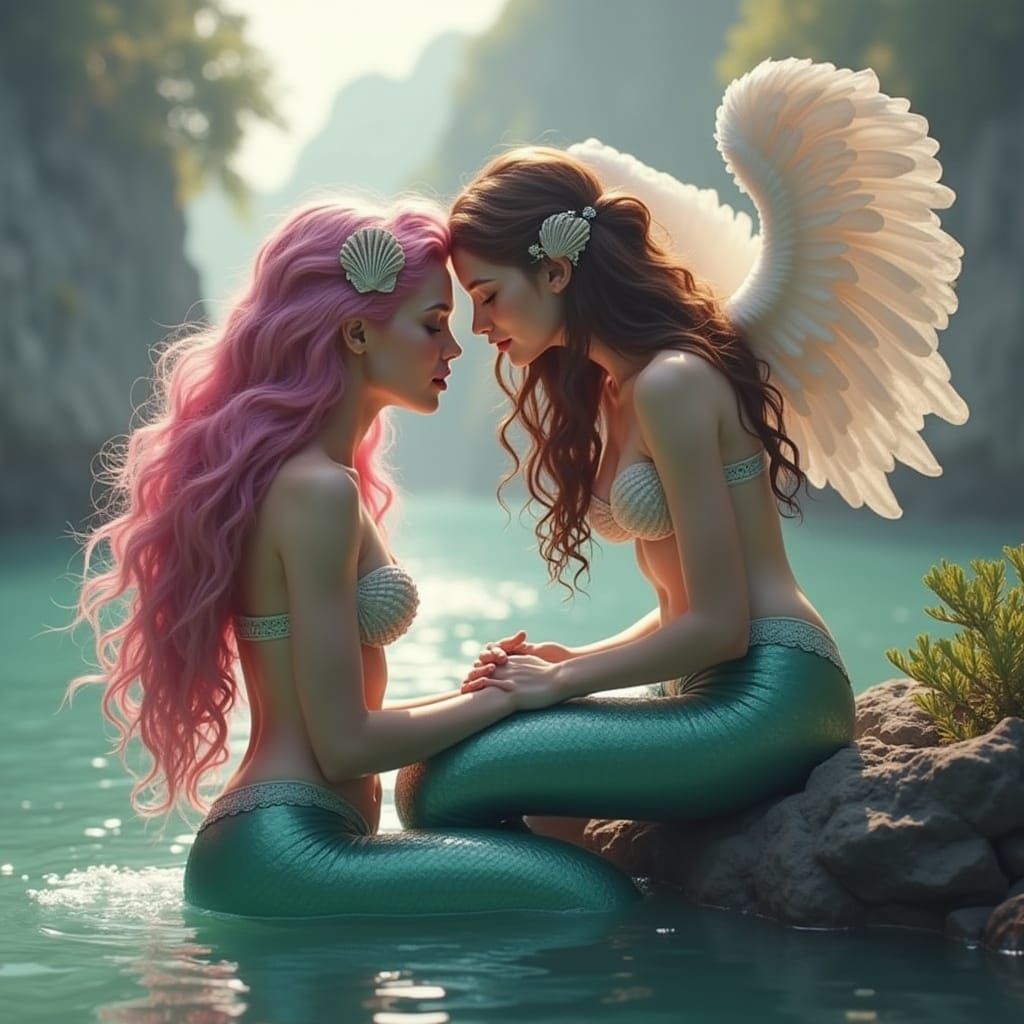 Ethereal Mermaid and Angel in Love, a Whimsical Fantasy Scen...
