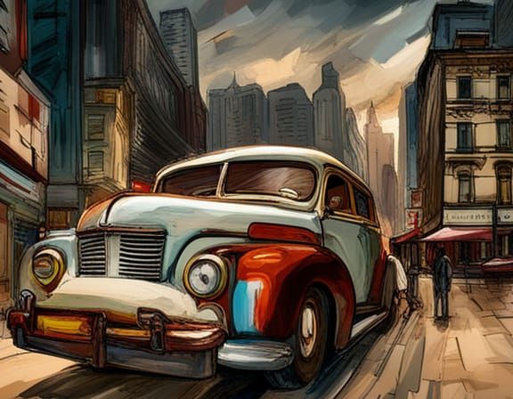 Vintage SUV in Crowded Market, Bird's Eye View