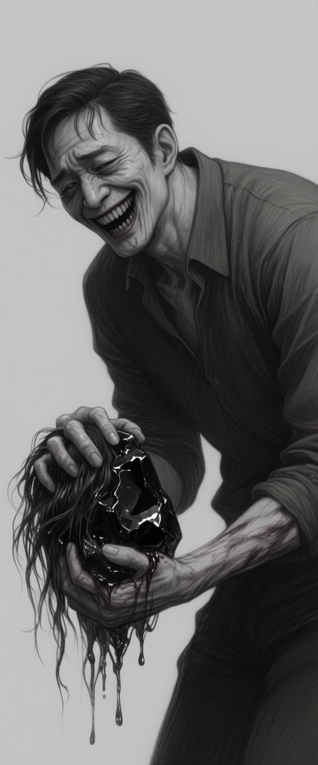 Unsettling Man with Oozing Hair in Horror Charcoal Style