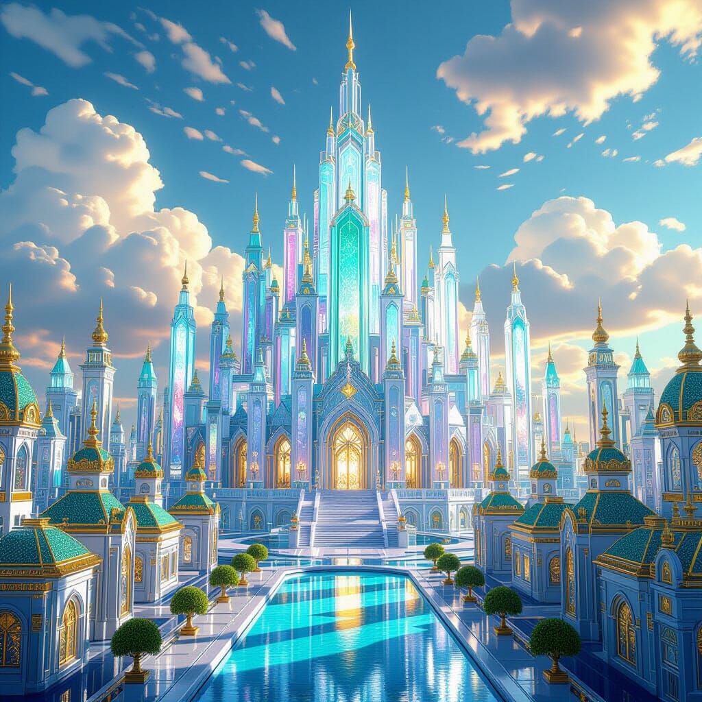 Kaleidoscopic Celestial Cityscape with Crystalline Palace