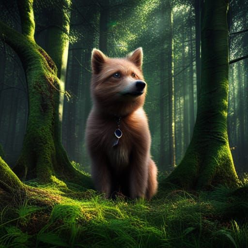 Pookie in Dark Forest: Hyperrealistic Summer Day