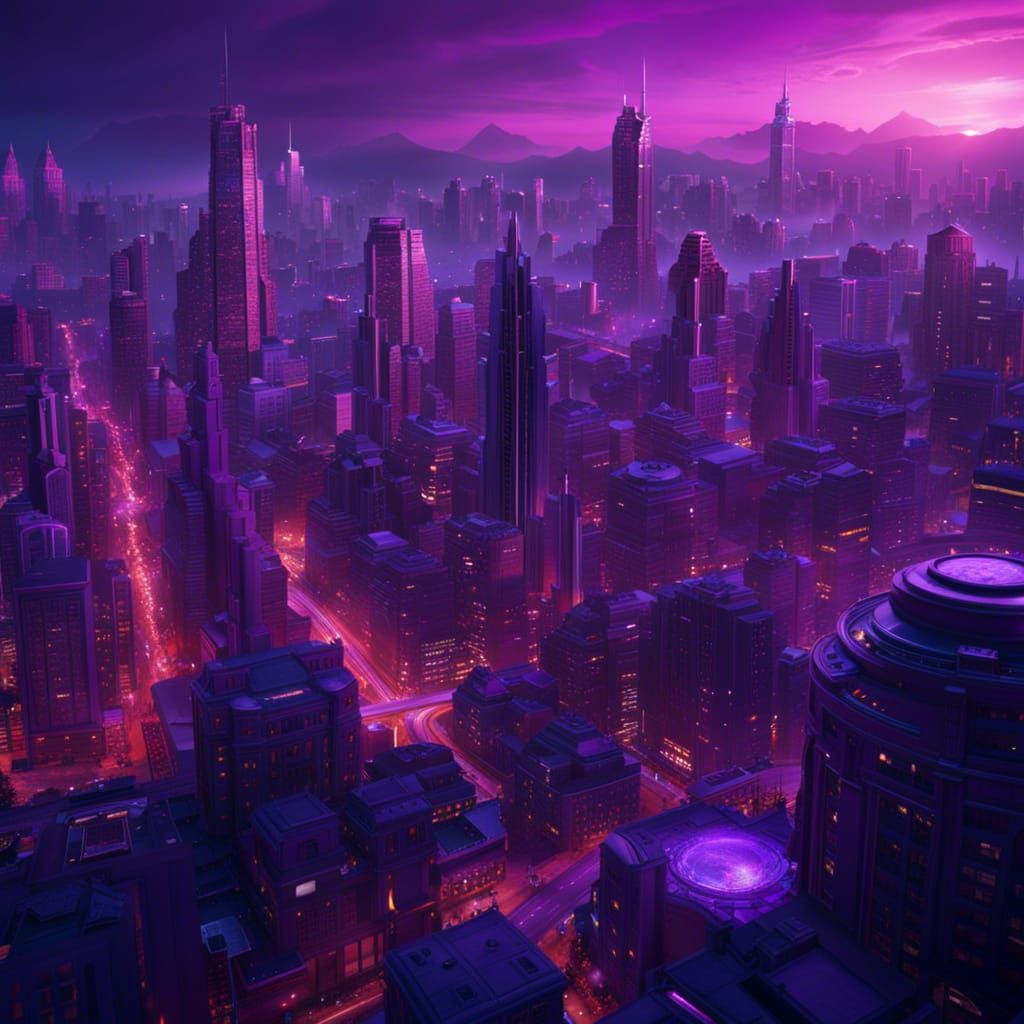 Purple Sunset Cityscape: Detailed Fantasy Concept Art