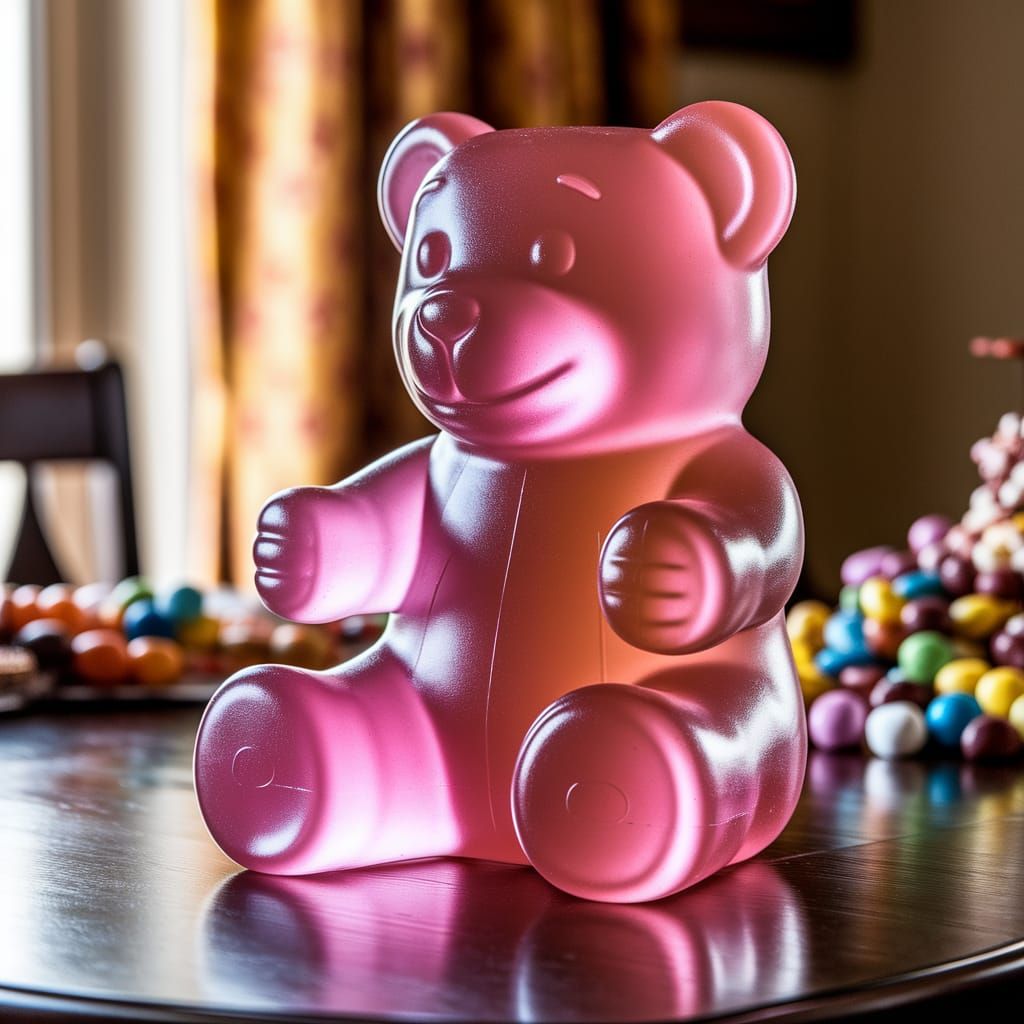 Giant Gummy Bear on Wooden Table with Colorful Candies