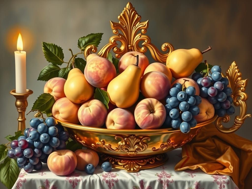Rococo Fruit Bowl Oil Painting with Glistening Textures