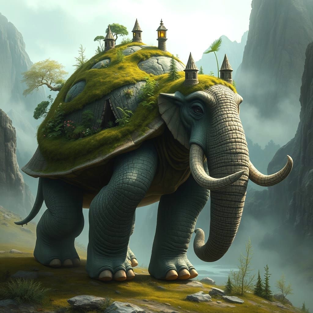 Ancient Turtle-Elephant Hybrid in Misty Mountain Valleys