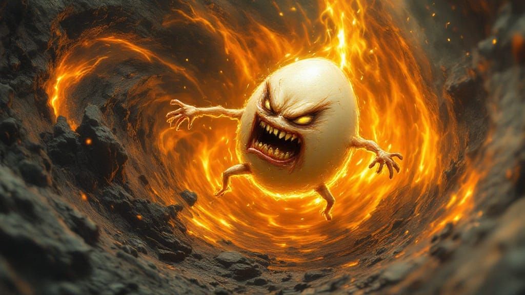 Anthropomorphic Egg in Fury on Spinning Alter Stone