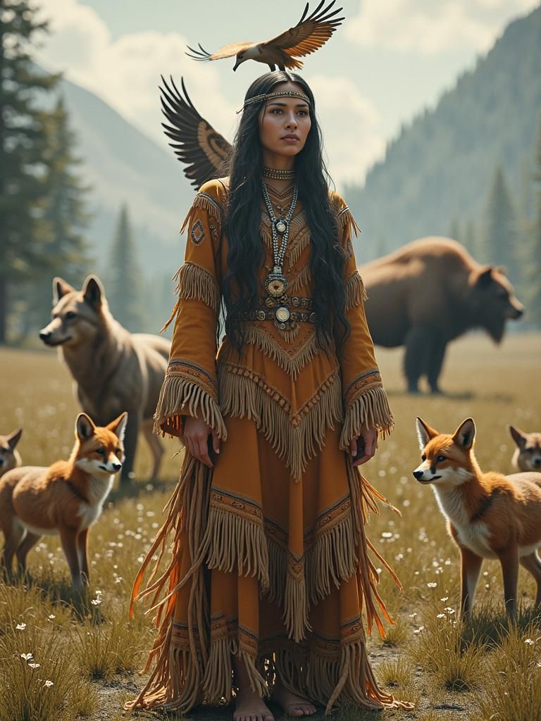 Lakota Sioux Woman with Animal Spirits in Matte Painting