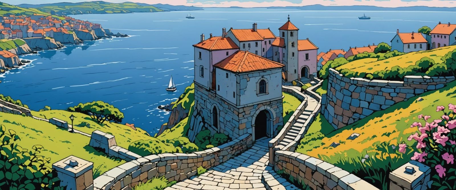 Geometric Sea Vista in Comic Book Watercolor Style