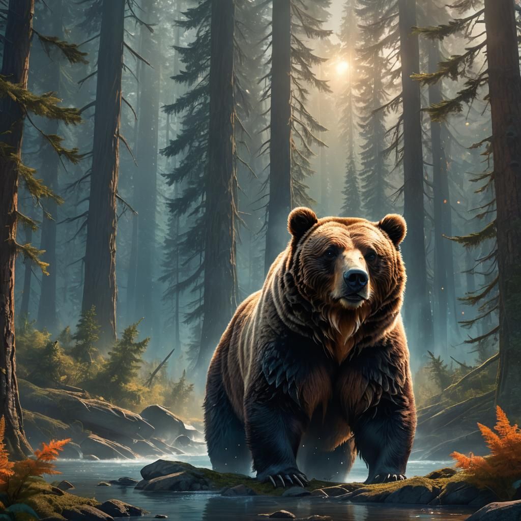 Majestic Grizzly Bear in Vibrant Fantasy Landscape