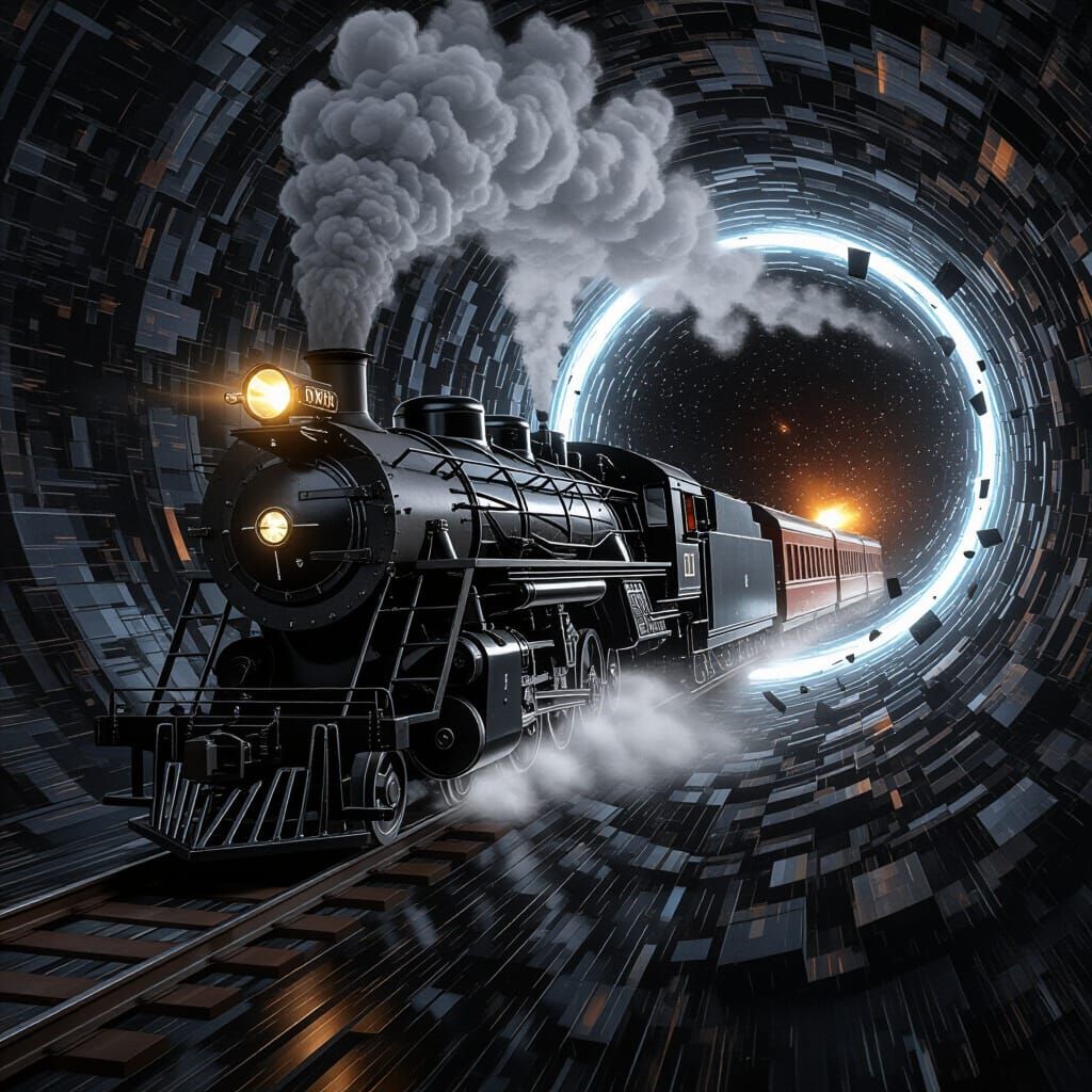 Obsidian Train Enters Black Hole in Sci-Fi Surrealism