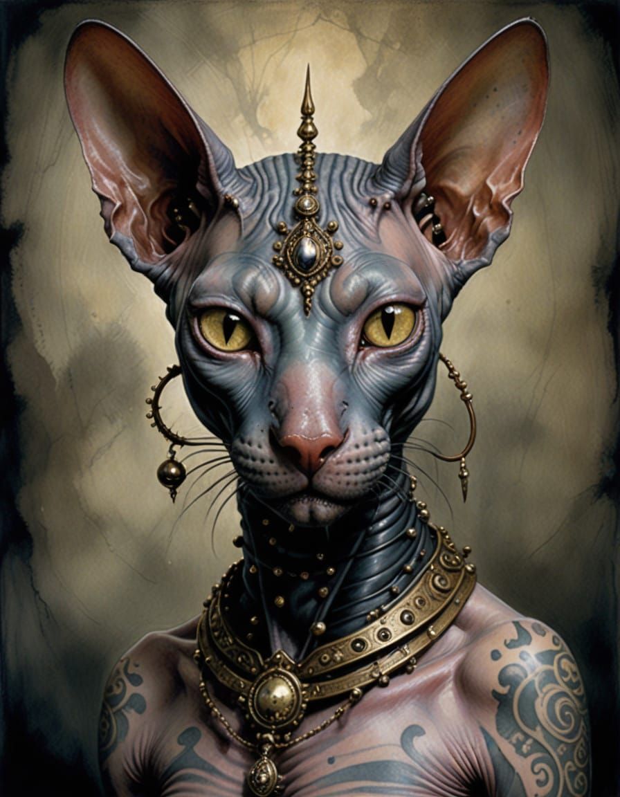Dark Goth Sphynx Cat in Vibrant Piercings and Tattoos