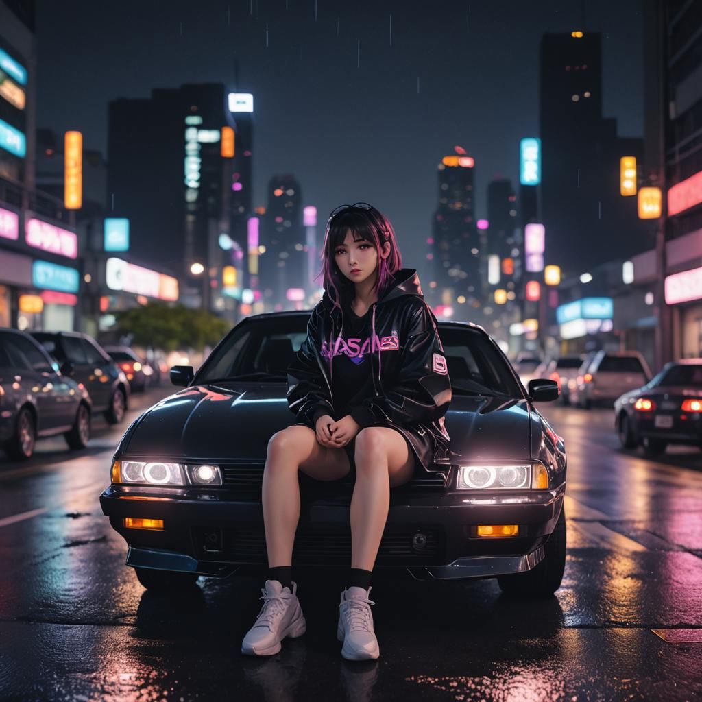Neo-Noir Anime Girl on Car Hood at Night