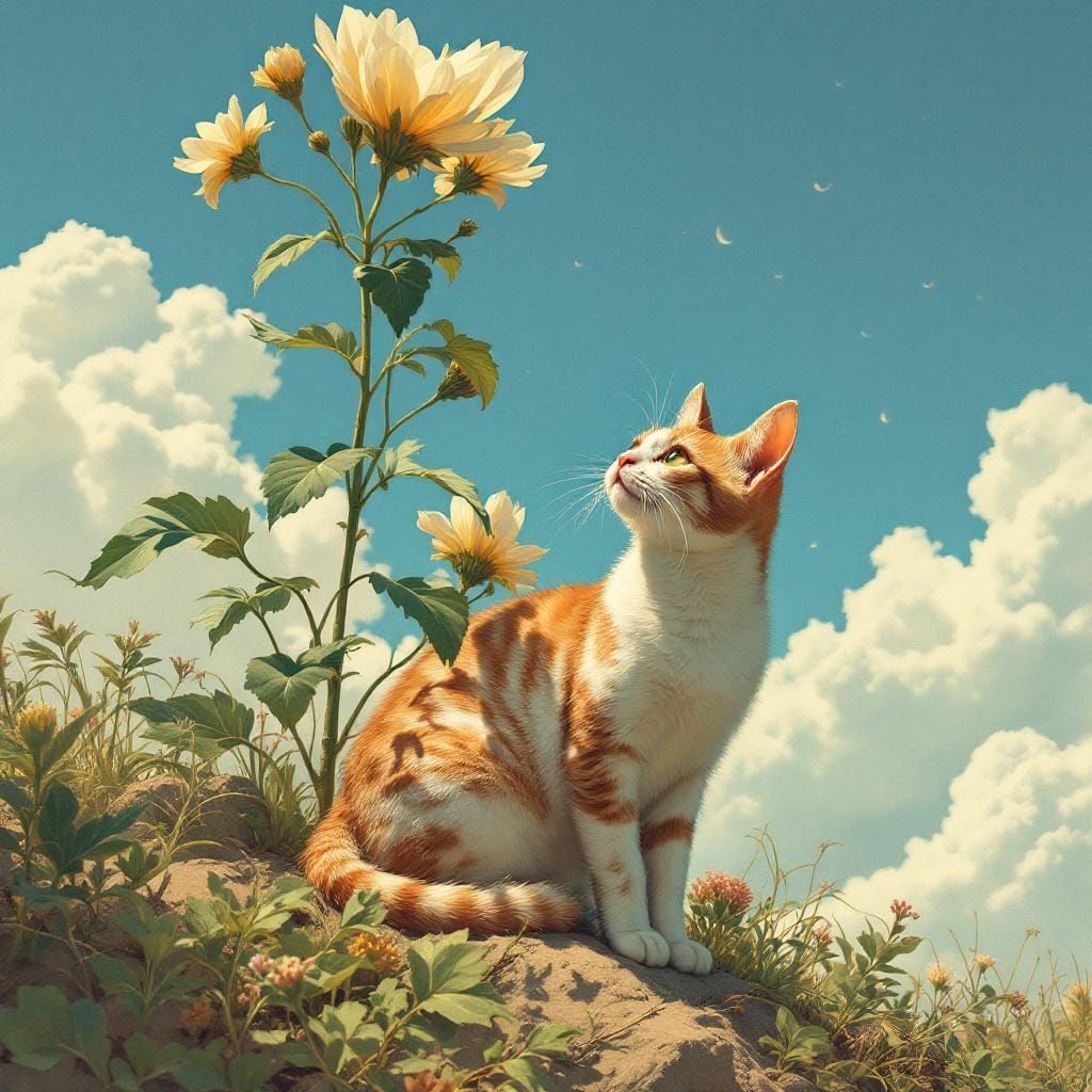 Cat Under Flower in Pin-Up Solarpunk Style