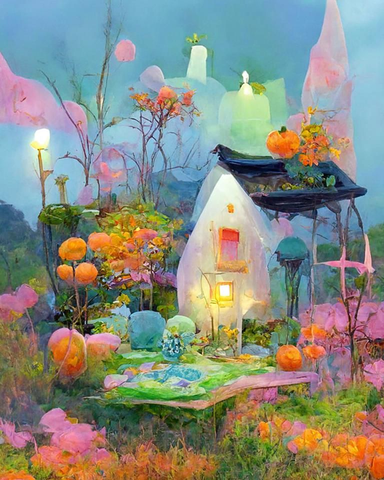 Spooky Moss Cottage and Pumpkin Patch in Pastel Colors