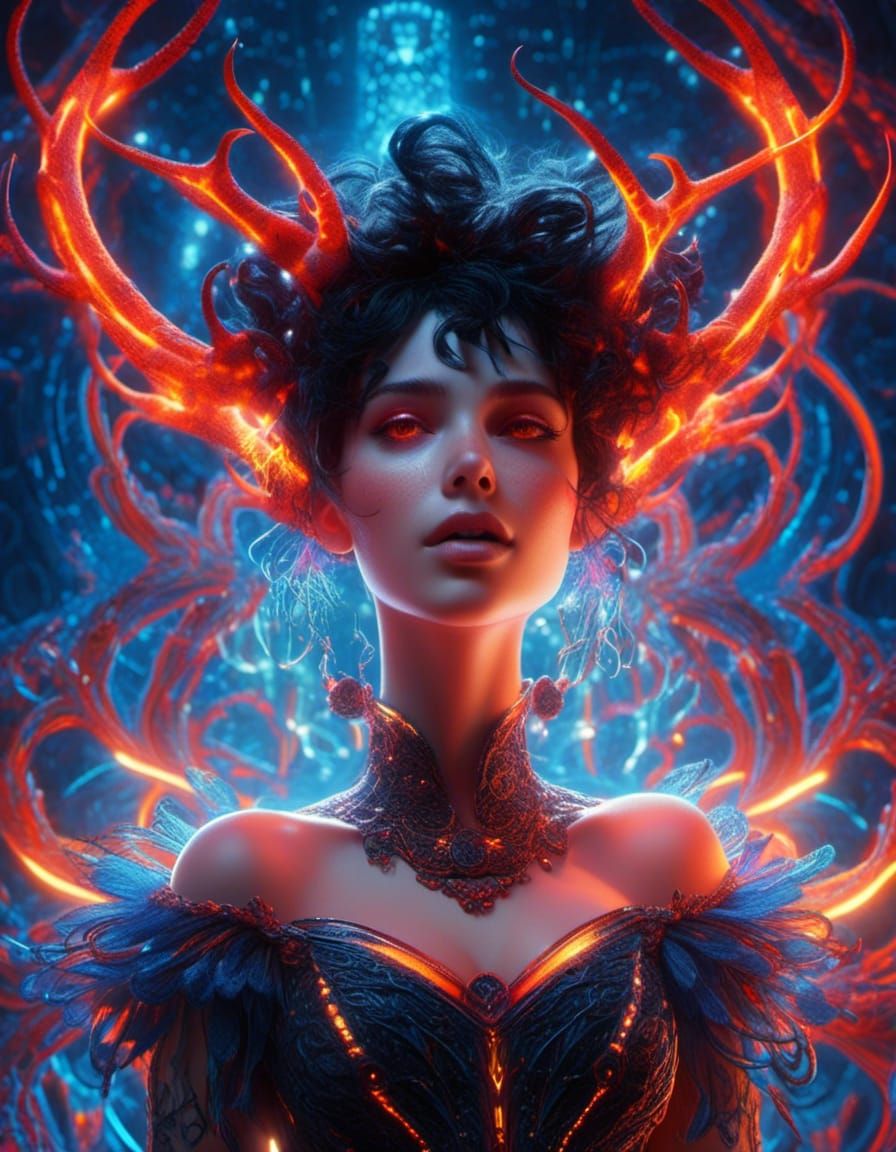 Furious Woman with Antlers in Pen and Ink Style