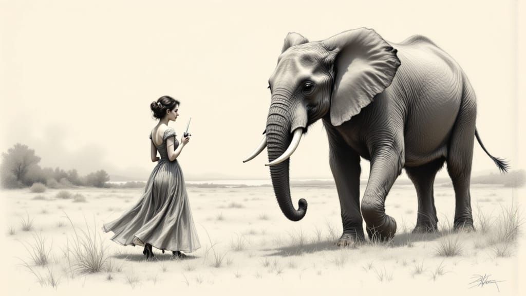 Steampunk Woman Meets Elephant in Charcoal Sketch