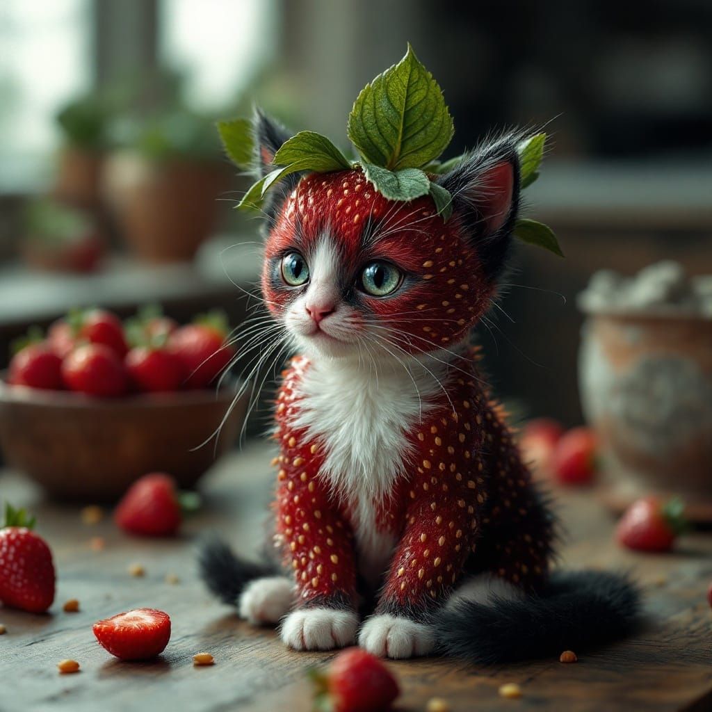 Gothic Whimsy: Strawberry Kitten in Soft Fantasy