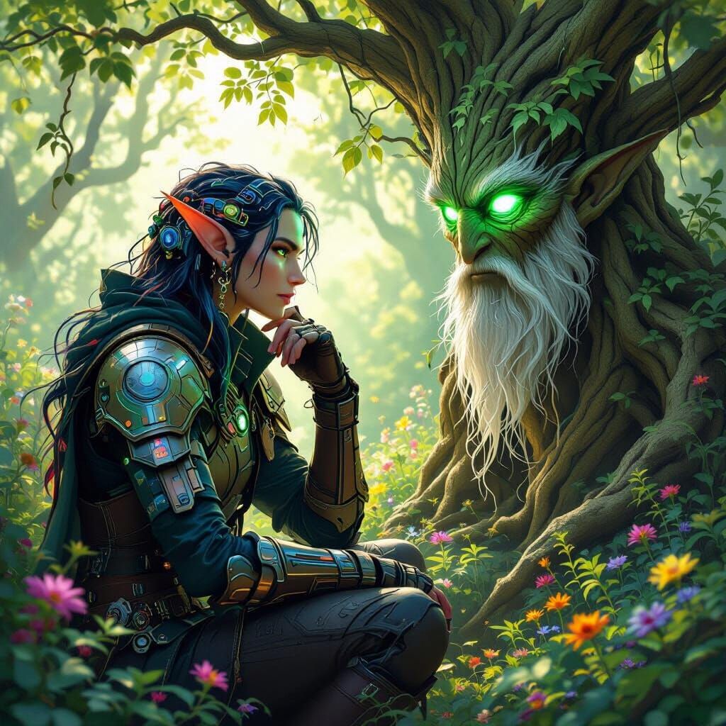 Cyberpunk Elf and Treant in Hidden Grove