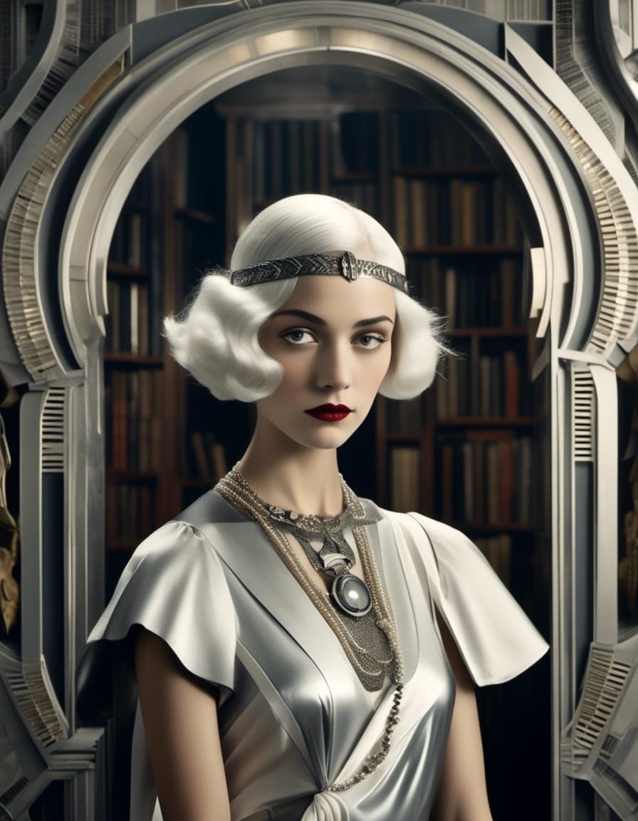 Aristocratic Woman in Library, Classical Painting Style