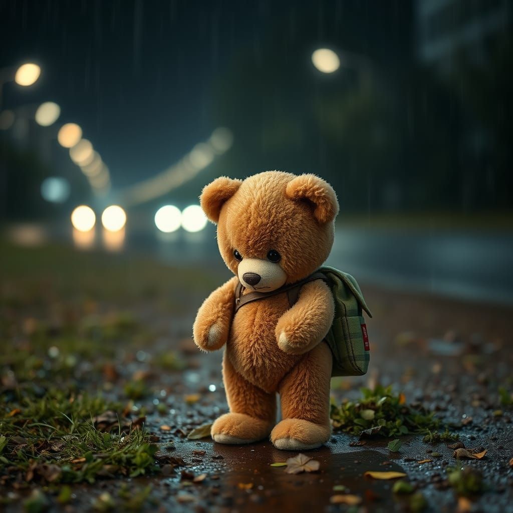 Sad Teddy Bear Stands in Rainy Night, Cinematic Style