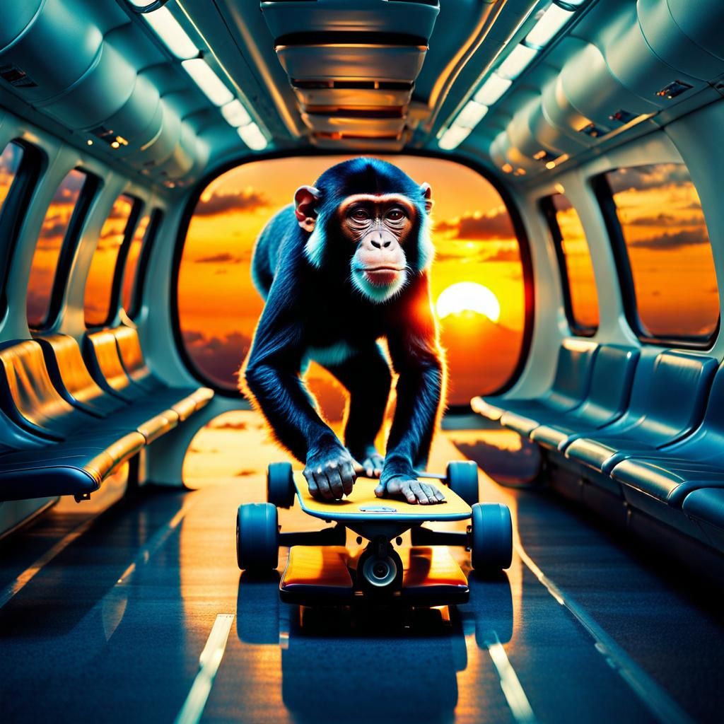 Monkey on Skateboard in Airplane: Hyperrealistic Sunset