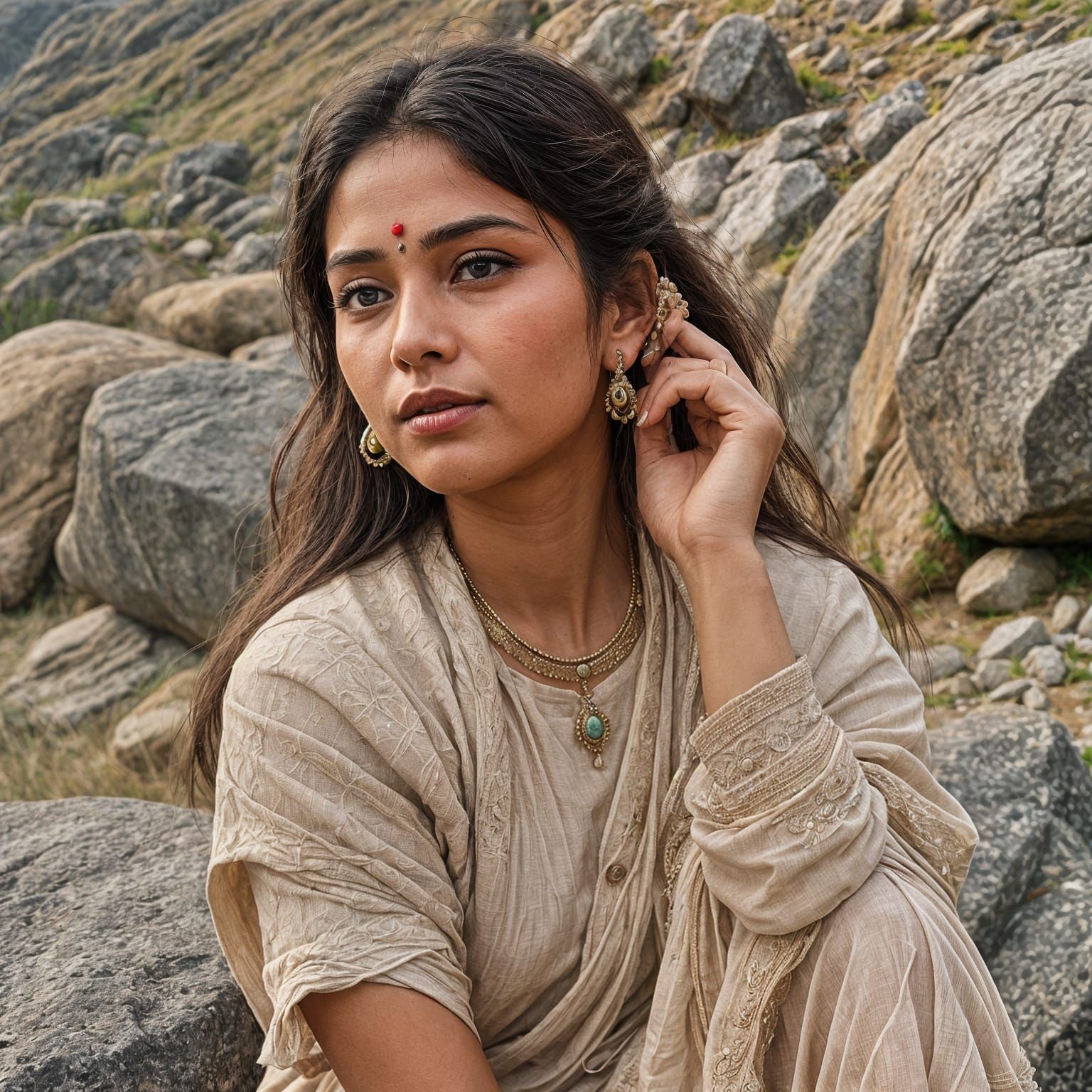 Woman Sipping Beverage Overlooking a Serene Landscape