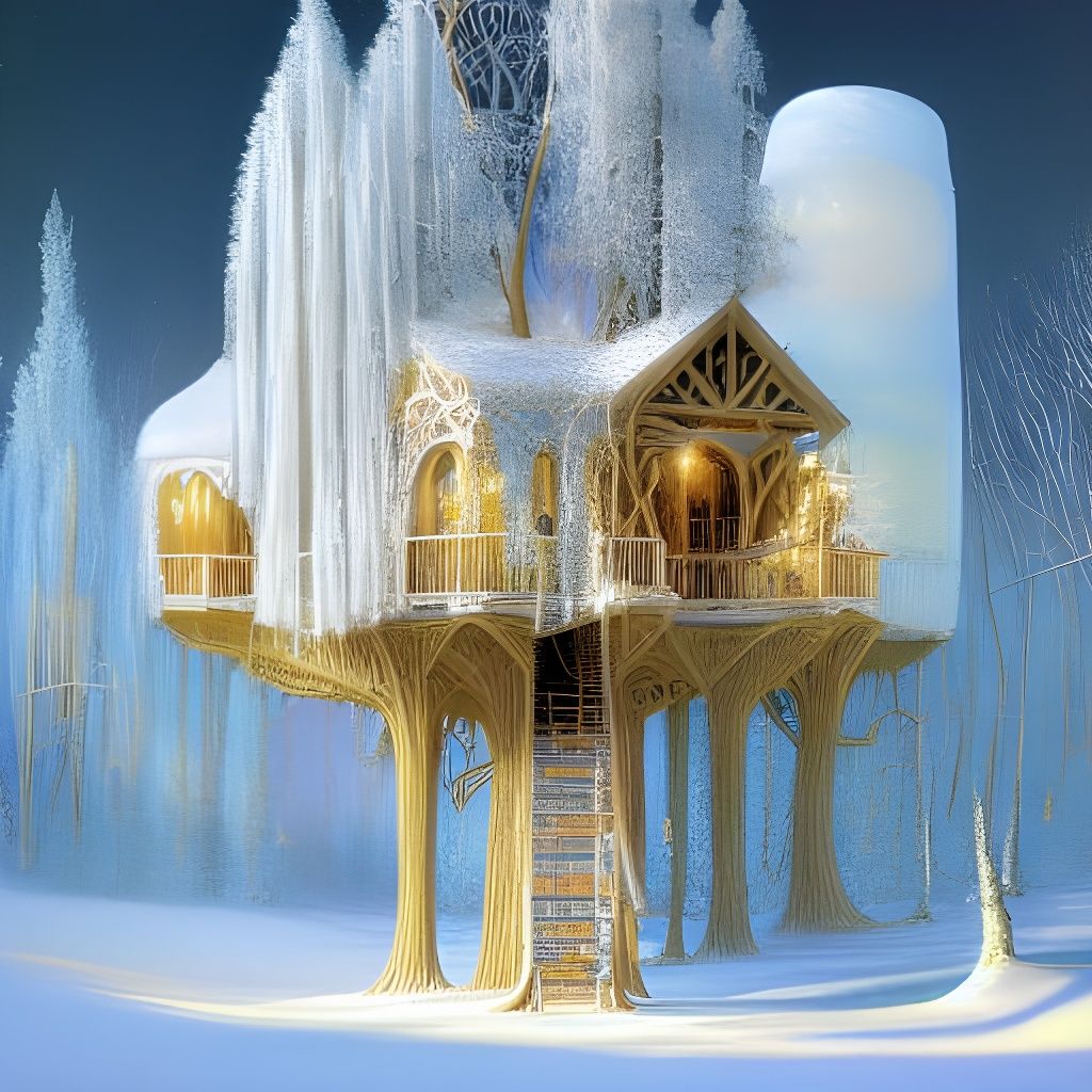 Luminescent Ice Treehouse in Sparkling Snowscape
