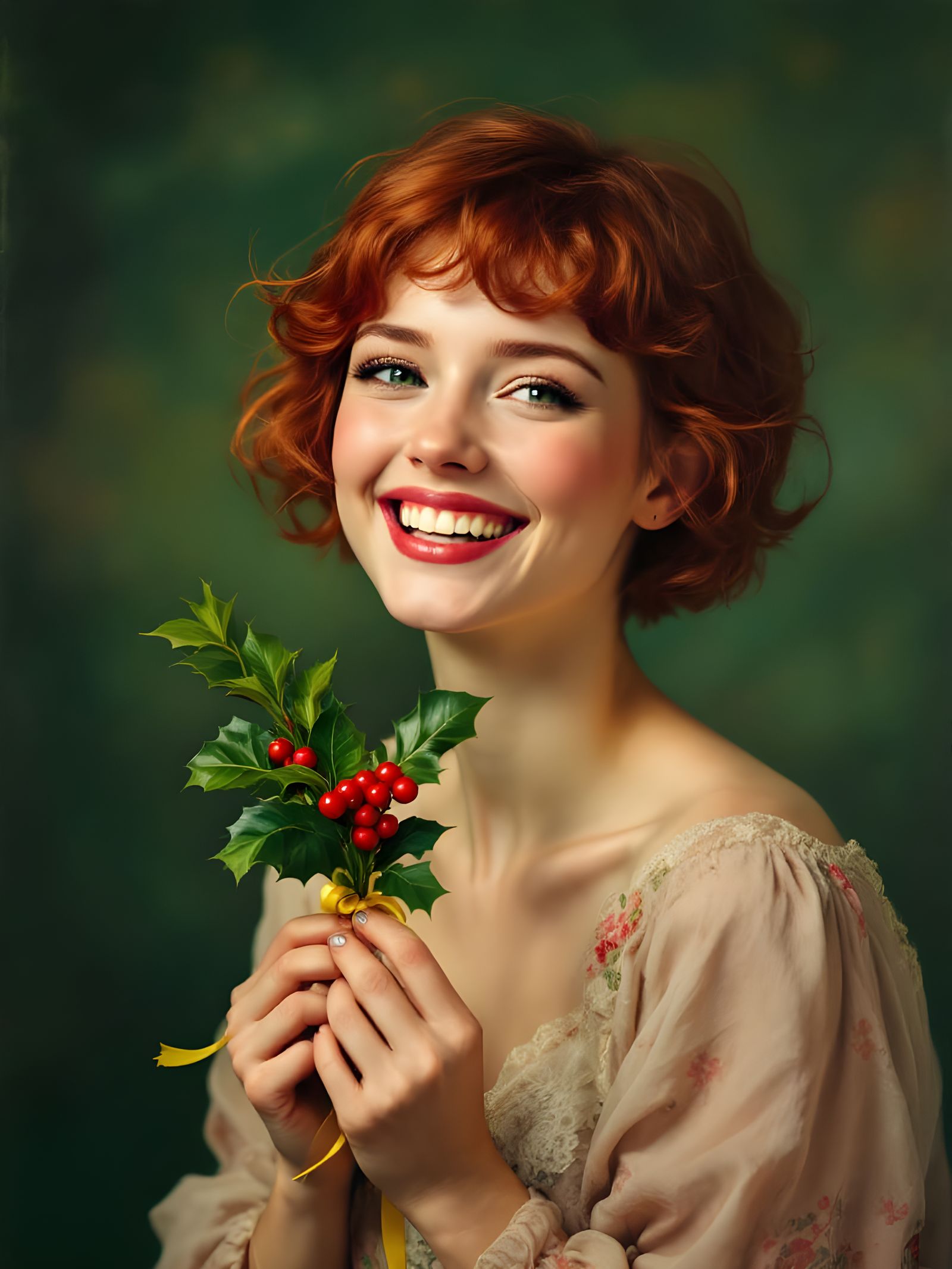 Joyful Woman Laughing with Holly Sprig, Oil on Canvas