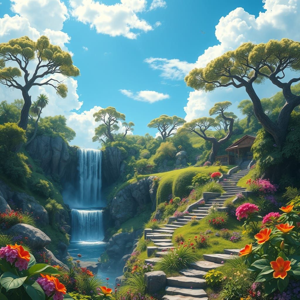 Whimsical Paradise with Cascading Waterfall