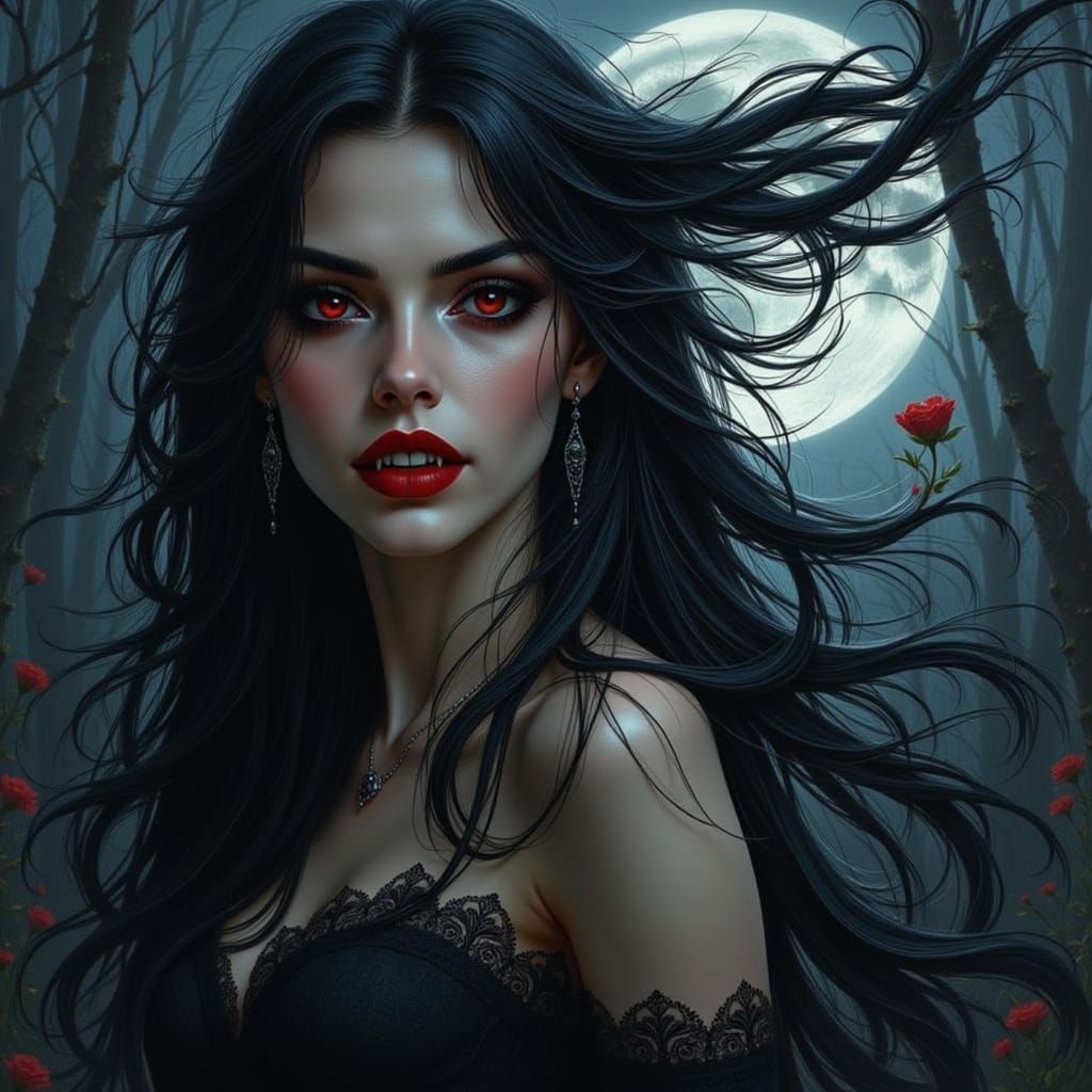 Black Haired Vampire Woman in Dark Forest