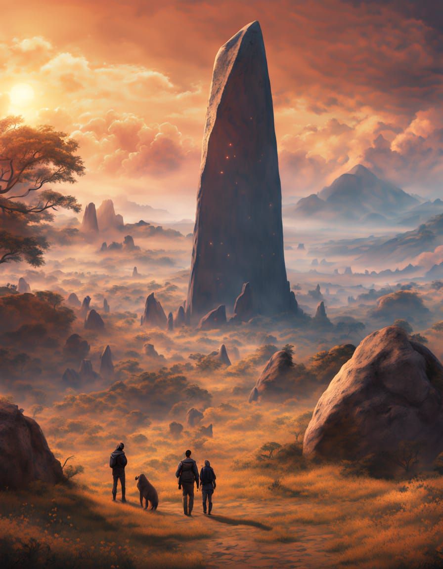 Alien Menhir with Animals and People in Fantasy Style