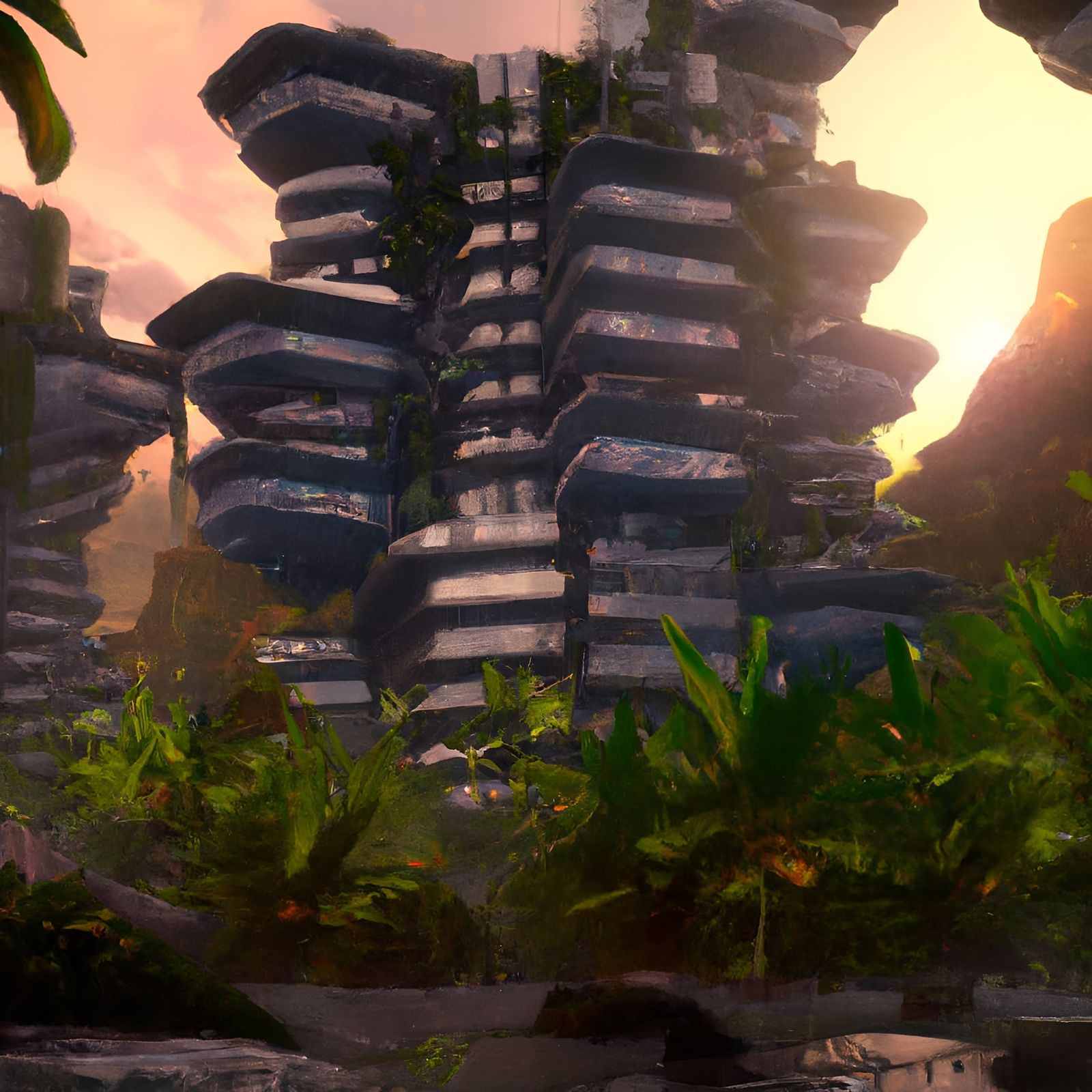 Tropical Condominiums with Waterfall in Volumetric Lighting