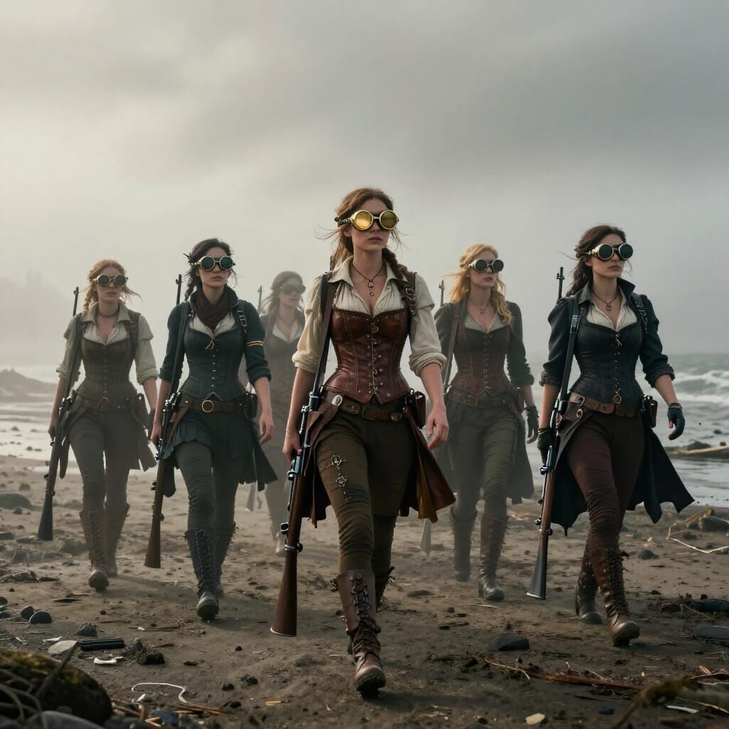 Steampunk Women with Rifles on Deserted Island