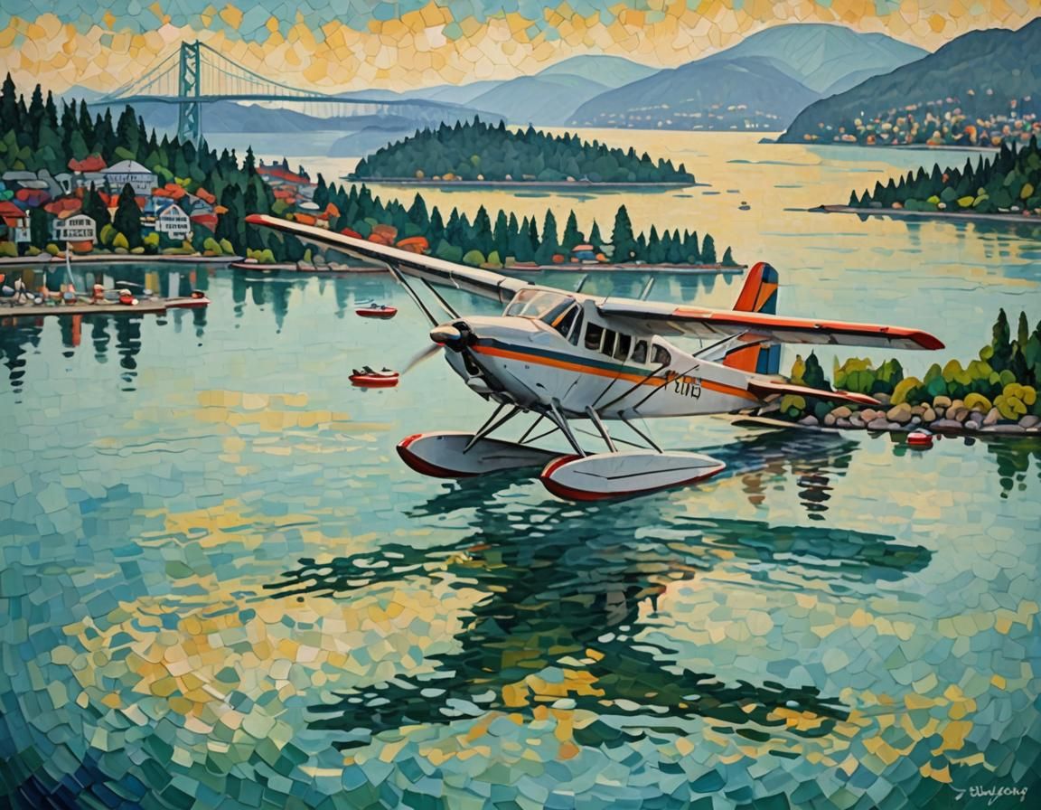 Float Plane Landing, Neo-Impressionist Oil Painting