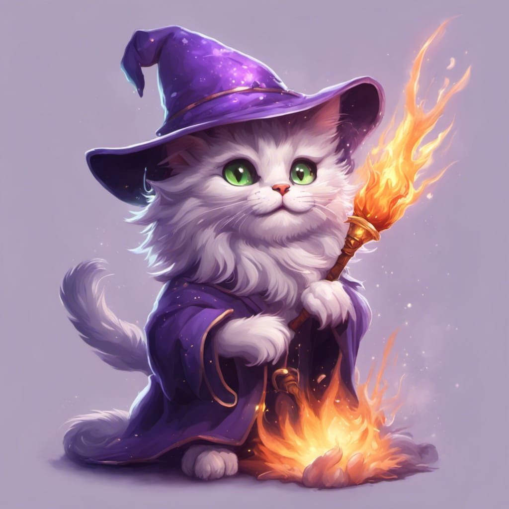 Chibi Wizard Cat Casting Fire Spell
