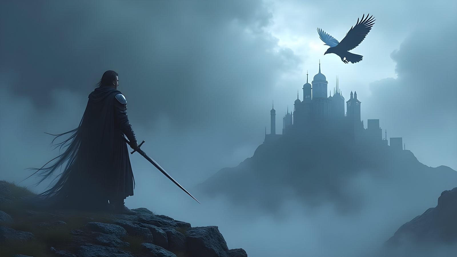 Lone Warrior Stands Tall Amidst Dark Stormy Skies