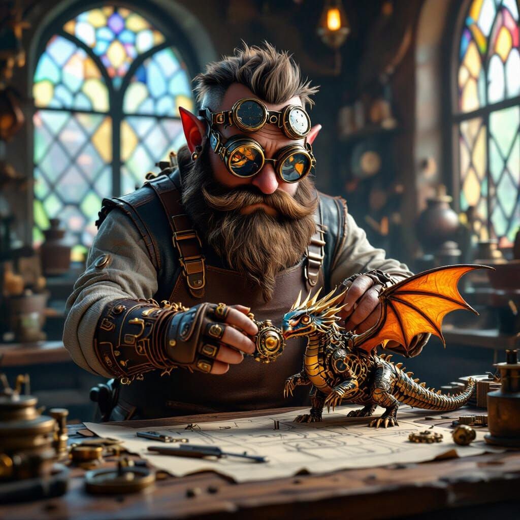 Steampunk Dwarf Crafts Clockwork Dragon in Workshop