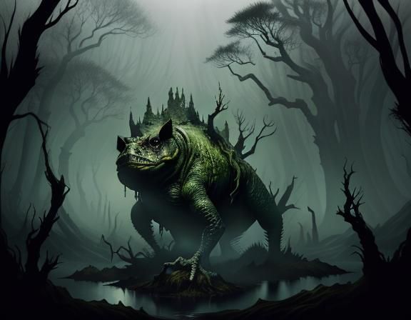Bullywug in Murky Swamp: Dark Fantasy Illustration