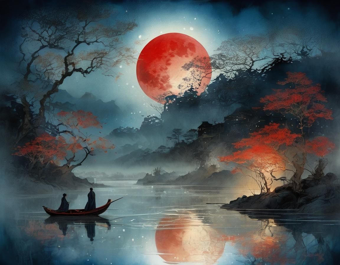 Blood moon over the lake
