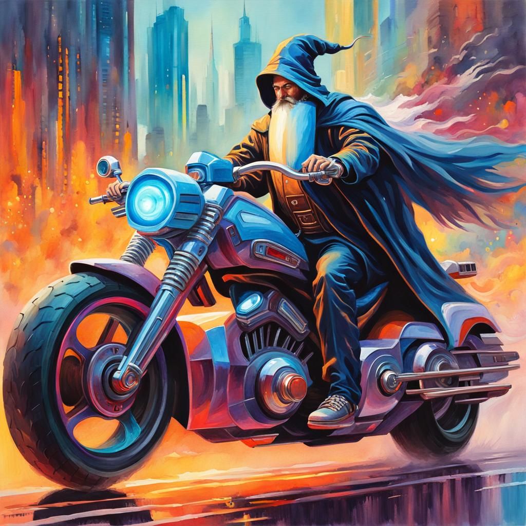 Wizard on Motorcycle in Gouache Cyberpunk Style