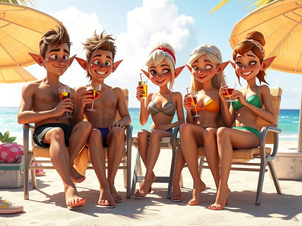 Vibrant Beach Scene with Elves in Cinematic Lighting