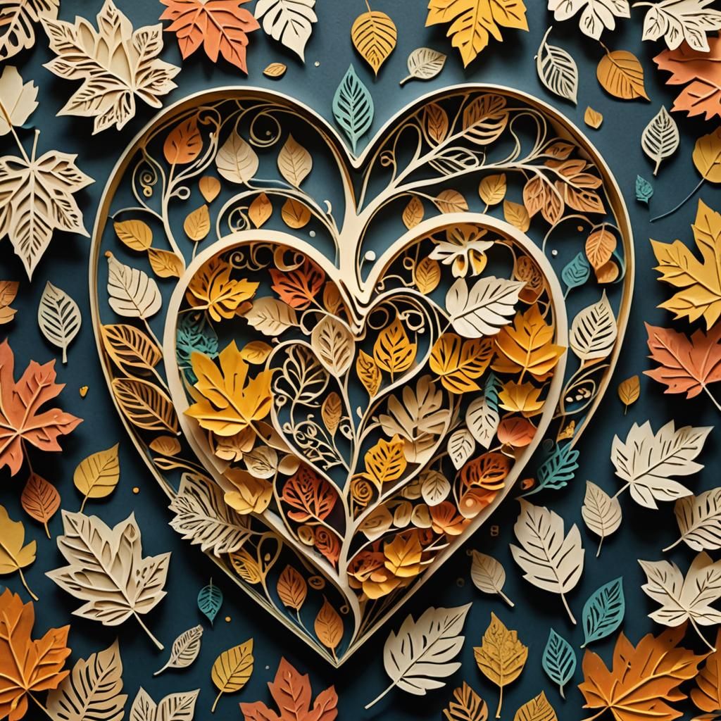 Intricate Papercut Heart Surrounded by Autumnal Leaves
