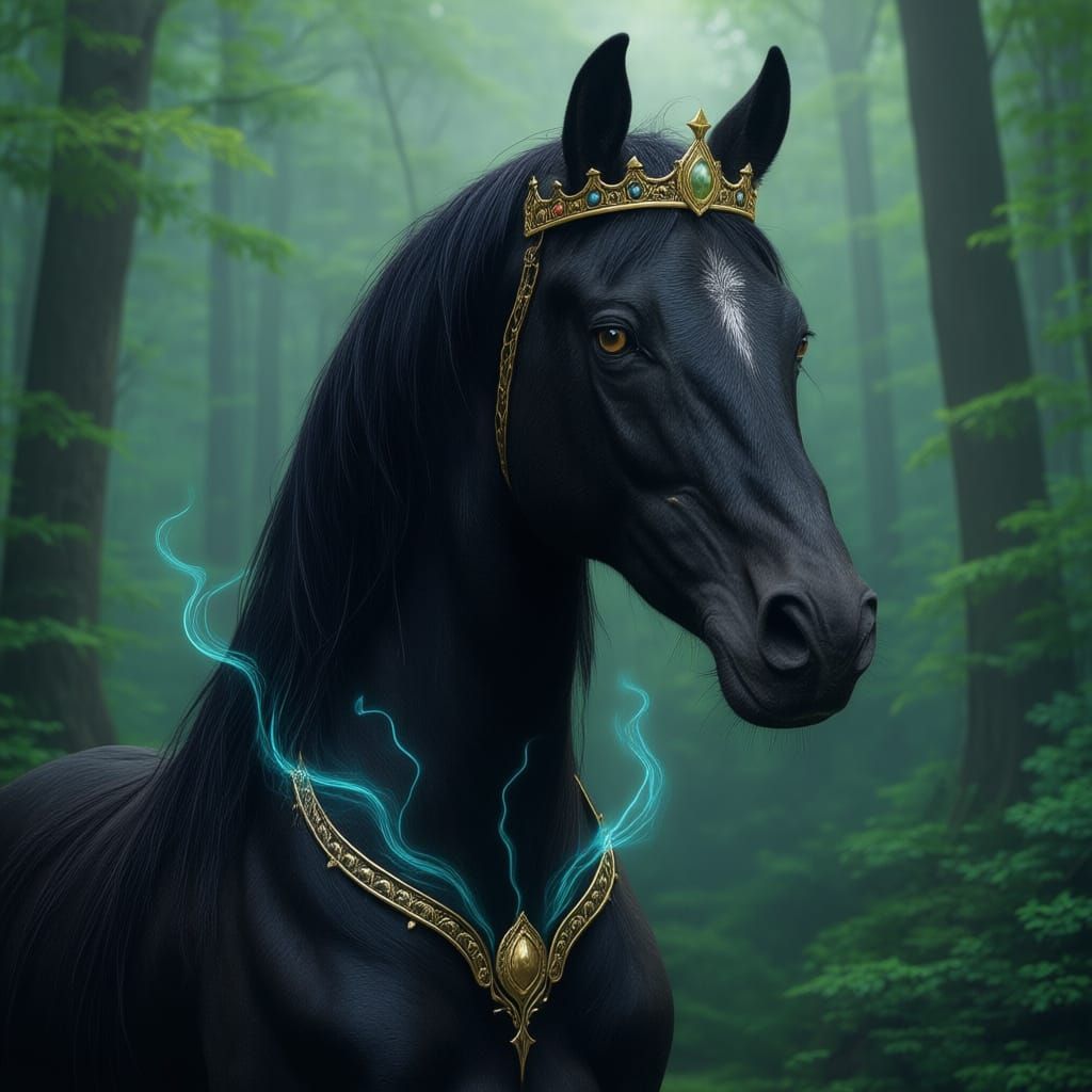Majestic Black Akhal-Teke Horse in Fantasy Woodland