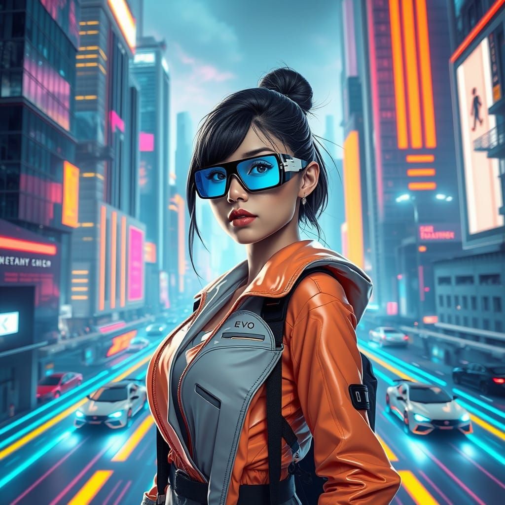 Futuristic Woman with Smart Glasses in High-Tech Environment