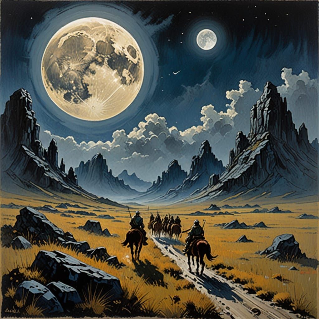 Moonlit Nomad in a Fantastical Desert Landscape