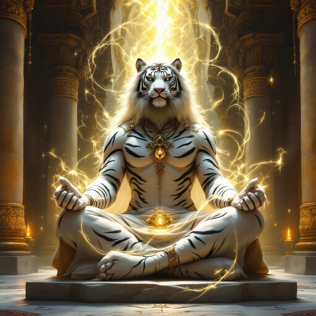 Epic Fantasy Portrait of a White Tiger Monk in Deep Meditati...