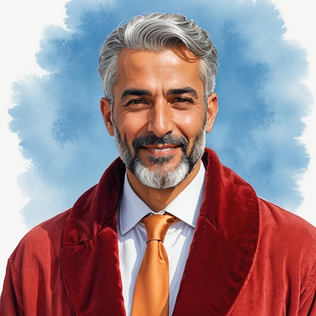 Smiling Turkish Man with Silver Hair in Red Robe