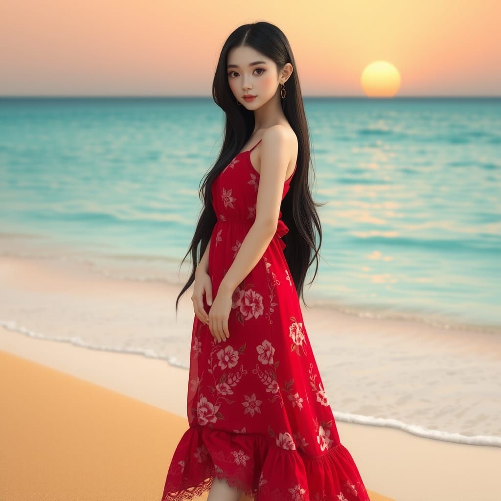 Young Woman on Beach in 3D Anime Art Style