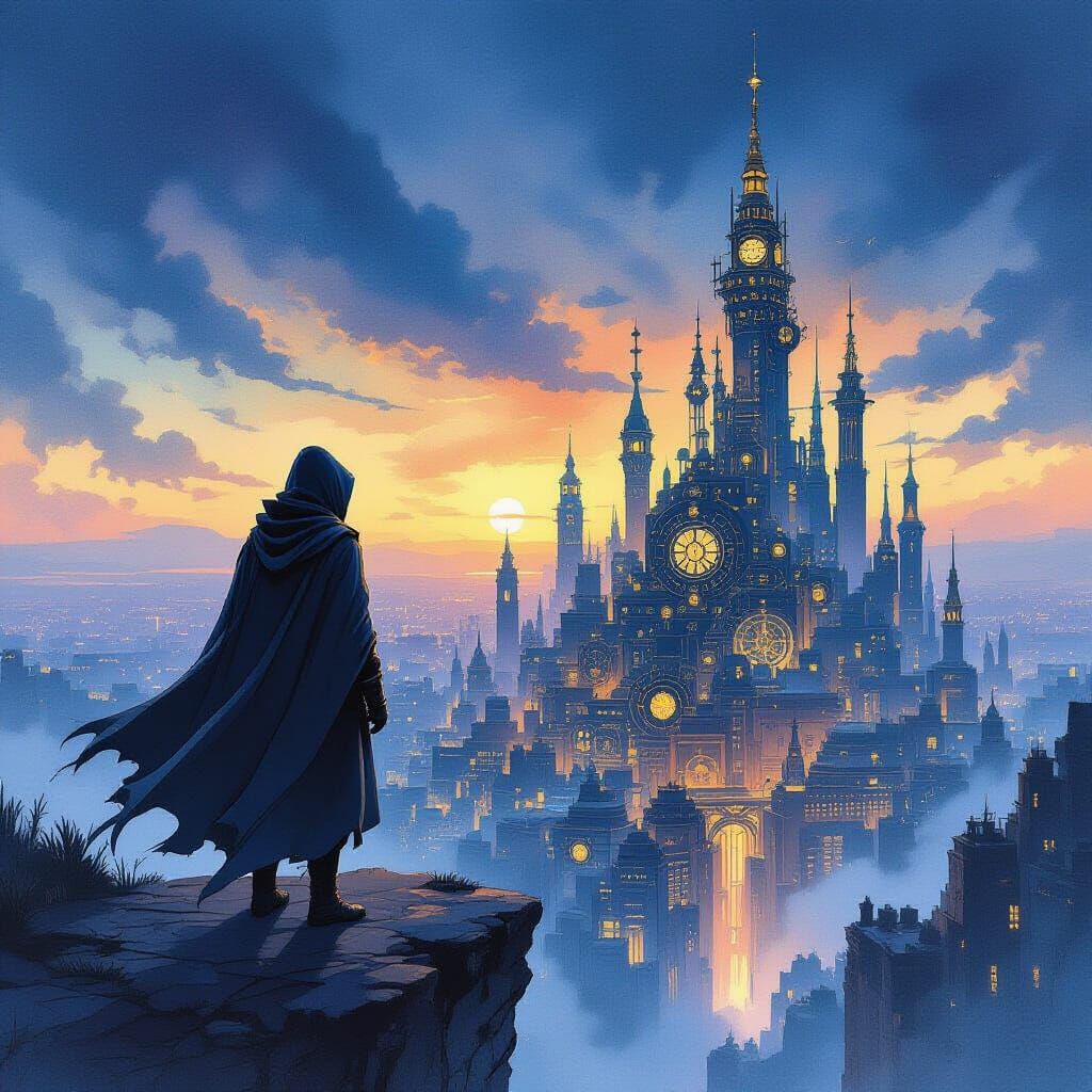 Steampunk Cityscape at Twilight with Solitary Figure